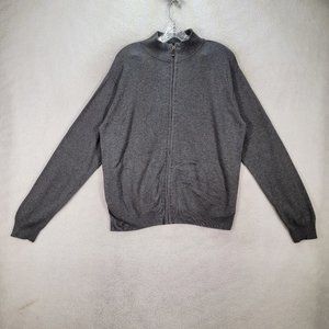 Perry Ellis Gray High Neck Knit Preppy Full Zip Classic Cardigan Sweater